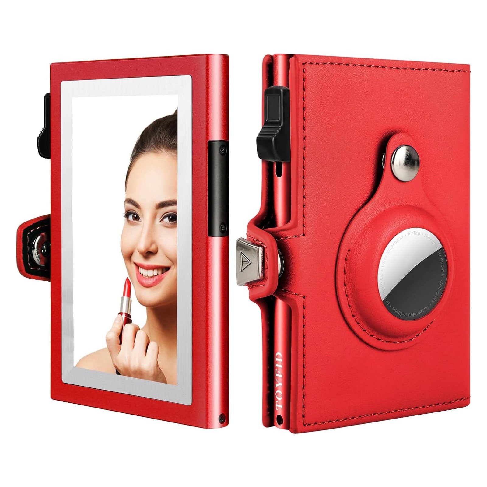 TOYFID Portefeuille Femme Compatible Airtag – Cuir Véritable, Anti-RFID, Miroir, Tri-fold