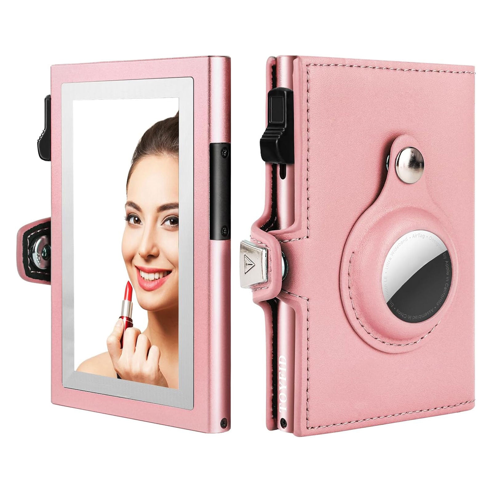TOYFID Portefeuille Femme Compatible Airtag – Cuir Véritable, Anti-RFID, Miroir, Tri-fold