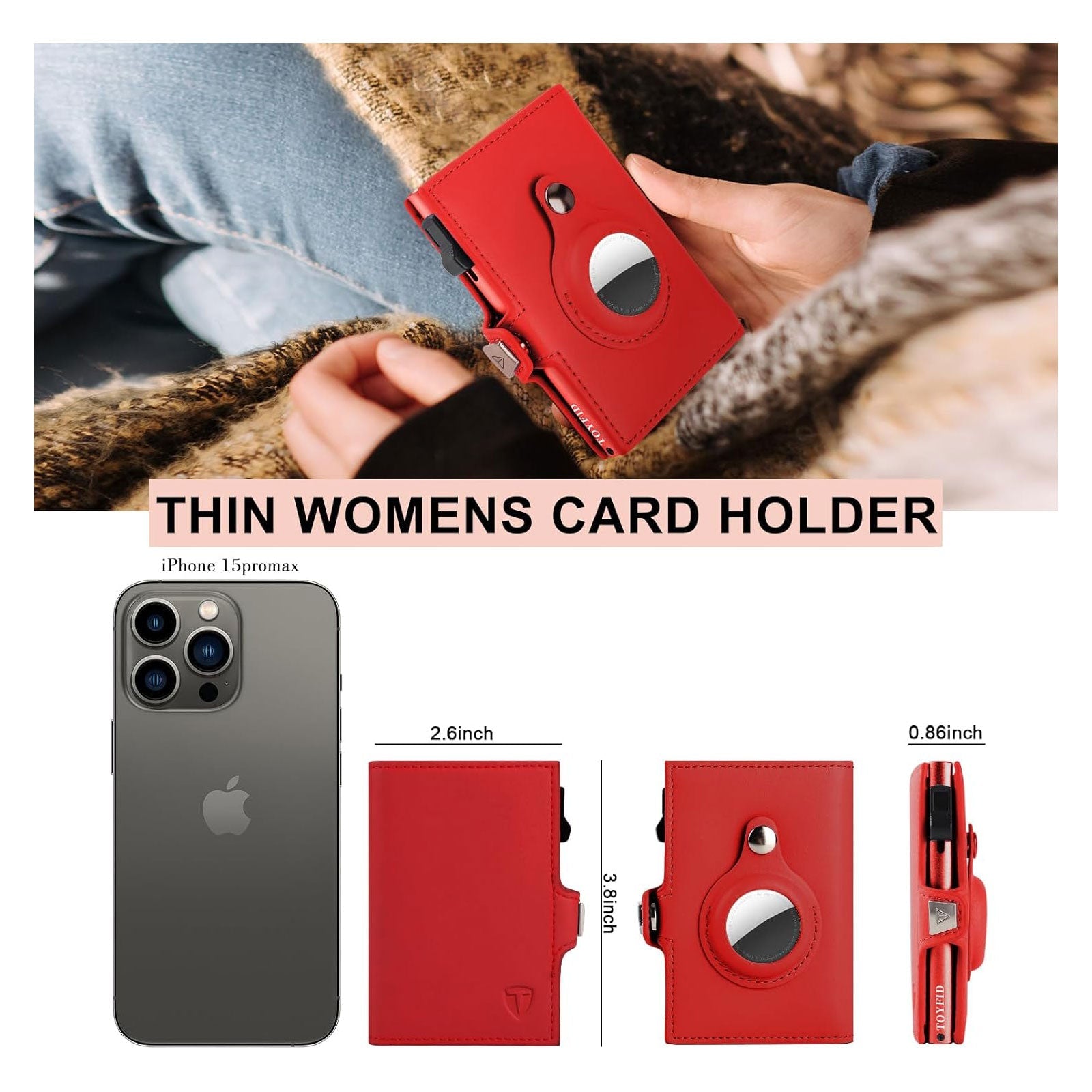 TOYFID Portefeuille Femme Compatible Airtag – Cuir Véritable, Anti-RFID, Miroir, Tri-fold