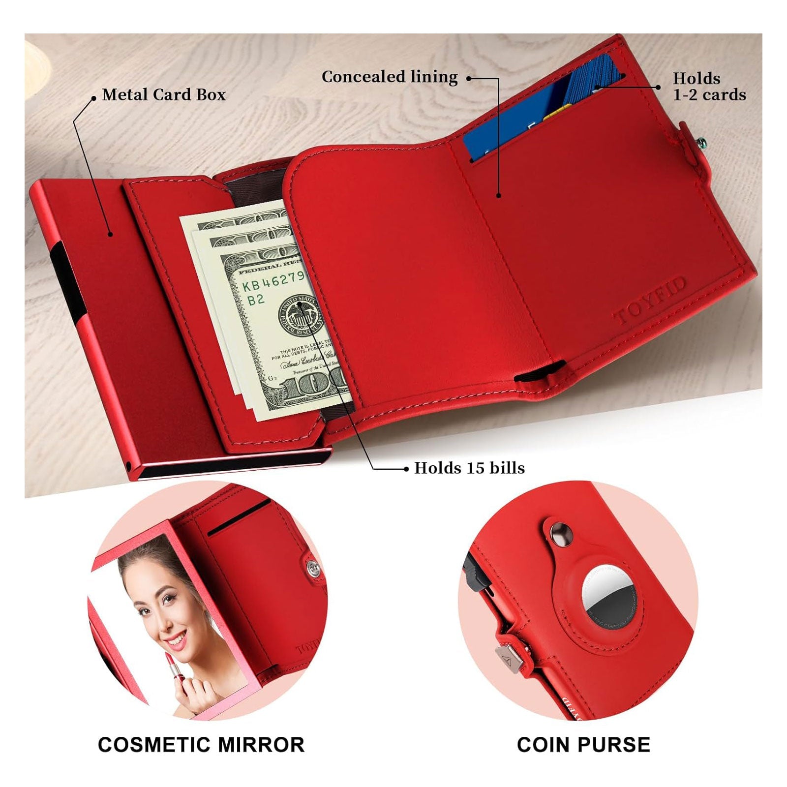 TOYFID Portefeuille Femme Compatible Airtag – Cuir Véritable, Anti-RFID, Miroir, Tri-fold