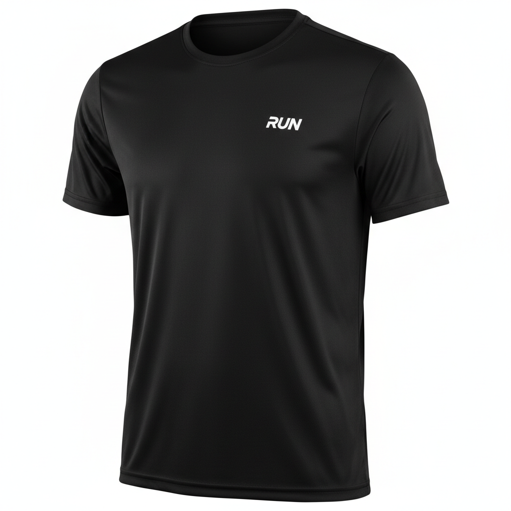 T-shirt sport homme noir manches courtes, fond blanc